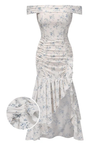 Blue 1930s Off-Shoulder Floral Ruffles Hem Dress | Retro Stage