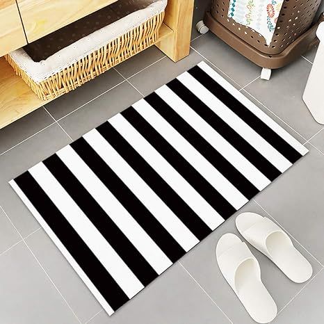 Black And White Stripes Fabric Door Mat Rug Indoor/Outdoor/Front Door/Shower Bathroom Doormat, No... | Amazon (US)