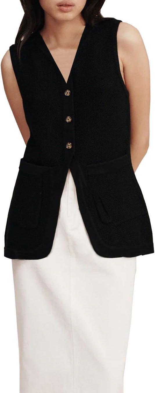 Long Linen Waistcoat Vest for Women Summer Casual V Neck Button Down Sleeveless Tops with Pocket | Amazon (US)
