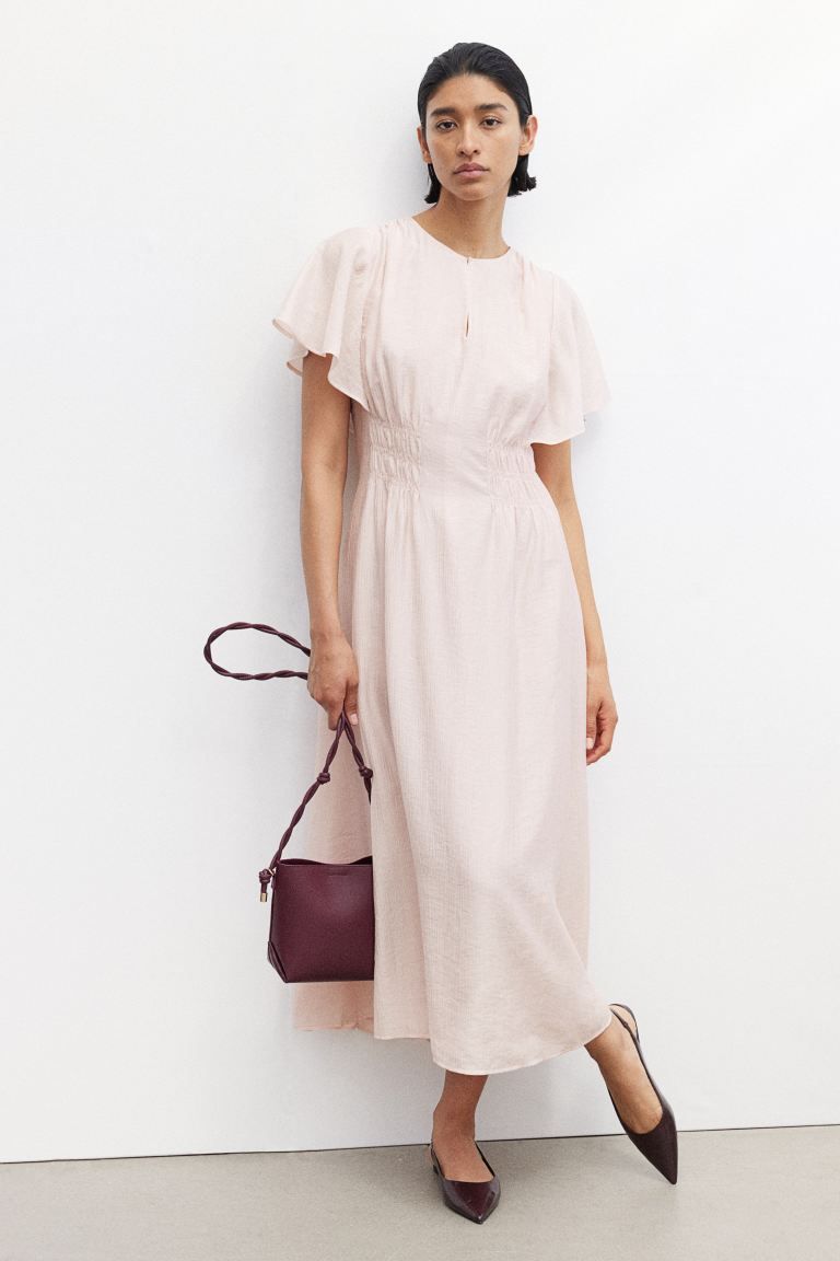 Long Smocked-waist Dress - Round Neck - Short sleeve - Light pink - Ladies | H&M US | H&M (US + CA)