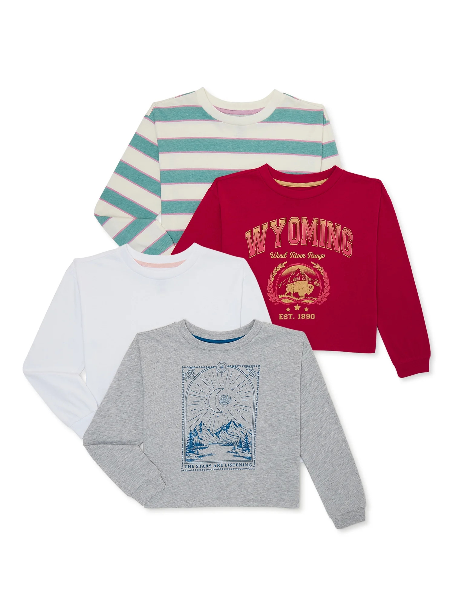 Wonder Nation Girls Long Sleeve Graphic T-Shirts, 4-Pack, Sizes 4-18 & Plus | Walmart (US)