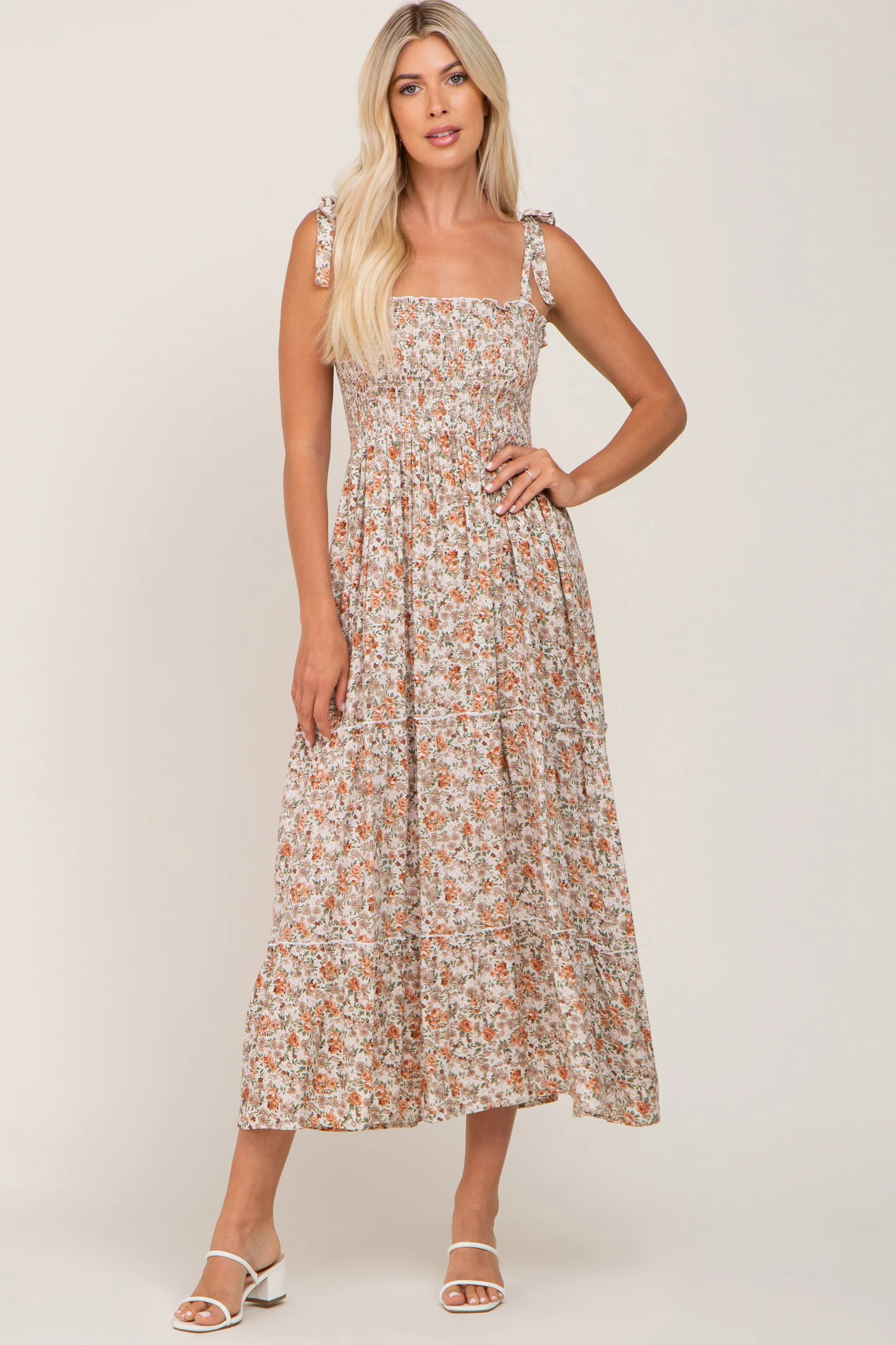 Beige Floral Sleeveless Tiered Maxi Dress | PinkBlush Maternity
