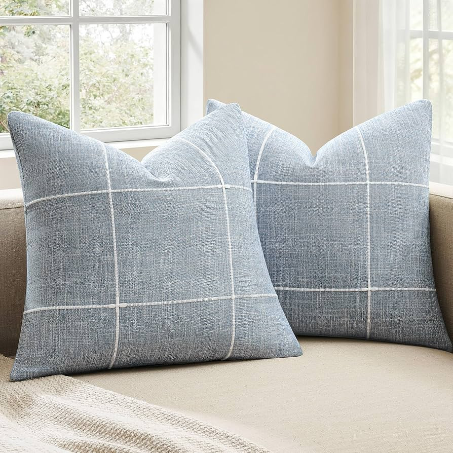 2 Packs Grid Embroidery Throw Pillow Covers, 18x18 Inch Blue, Farmhouse Linen Decorative Dusty Bl... | Amazon (US)