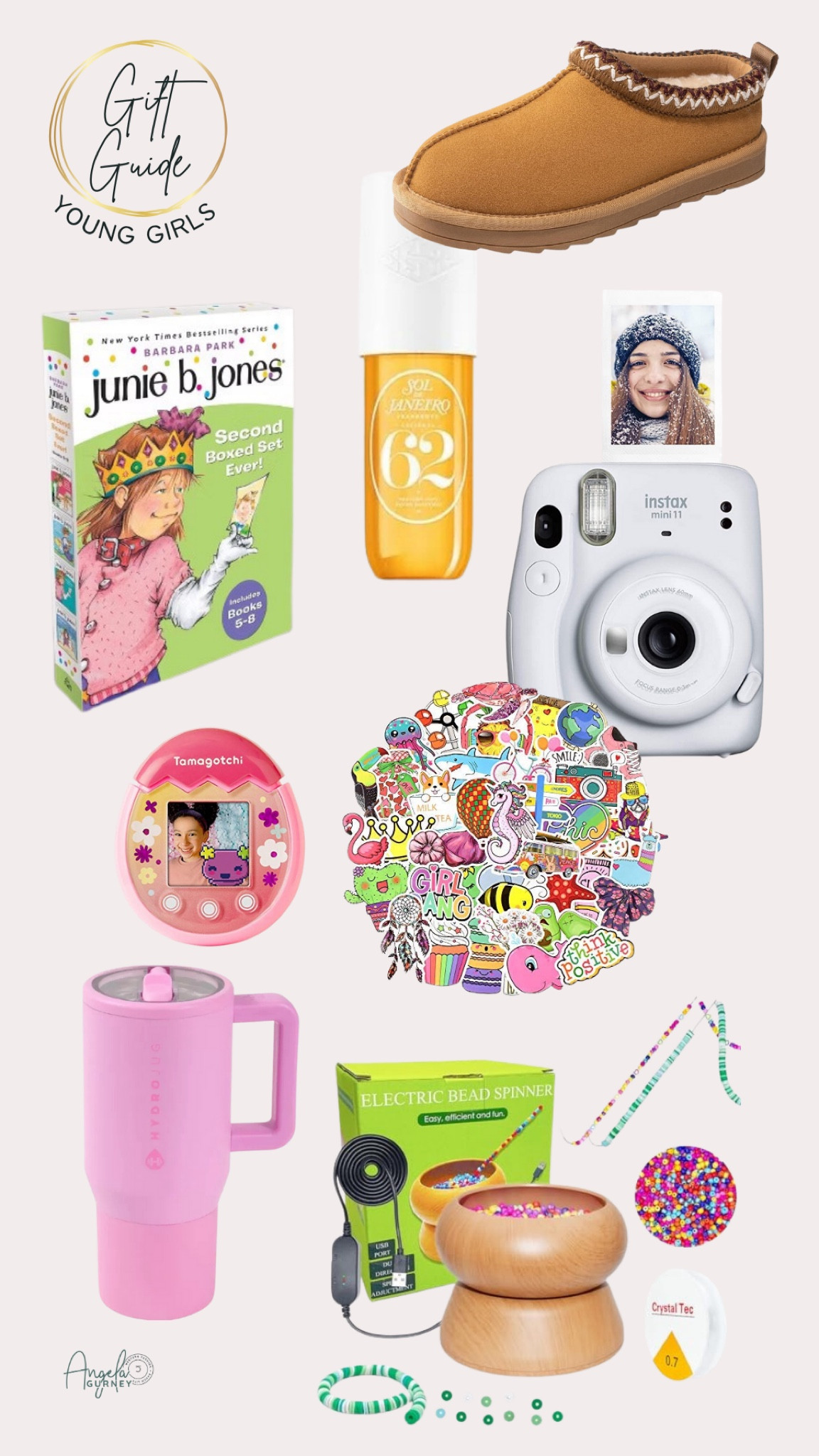 Young girls Christmas gift guide - 7 year old, 1st grade

Girls gifts
Junie B. Jones chapter book
Tamagotchi
Water bottle
Stickers
Bead matching
Polaroid 
Perfume
Tasman slippers
