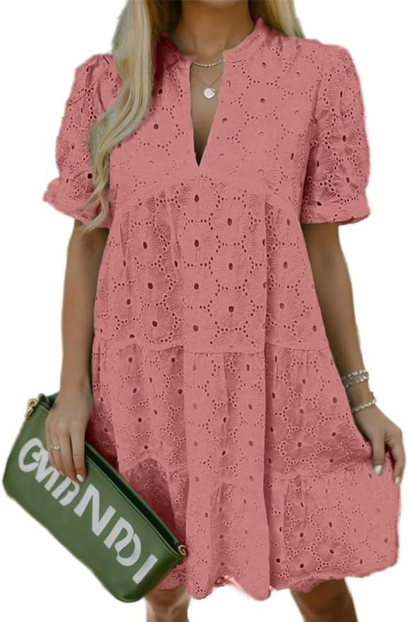 Flamingals Eyelet Dress for Women Embroidery Ruffle Hem Knee Length Casual Dress | Amazon (US)