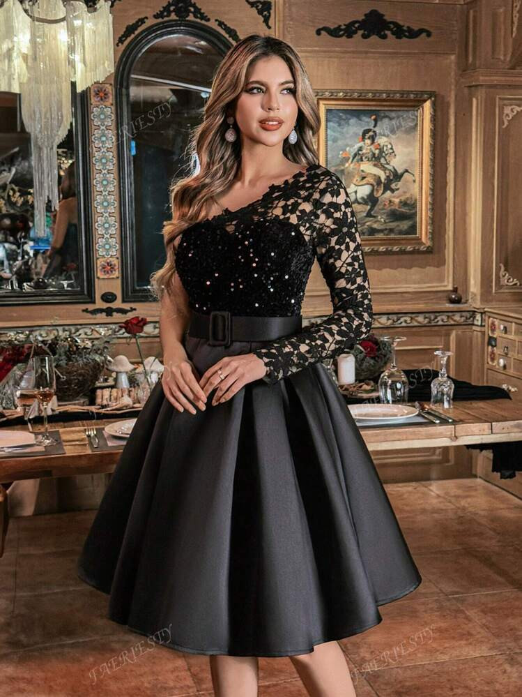Faeriesty Elegant Satin Evening Gown With Intricate Floral Lace & Flowing Skirt – Sophisticated Contrast Design For Luxury Dinner Parties, Art Gallery Receptions & Heritage Estate Banquets | SHEIN