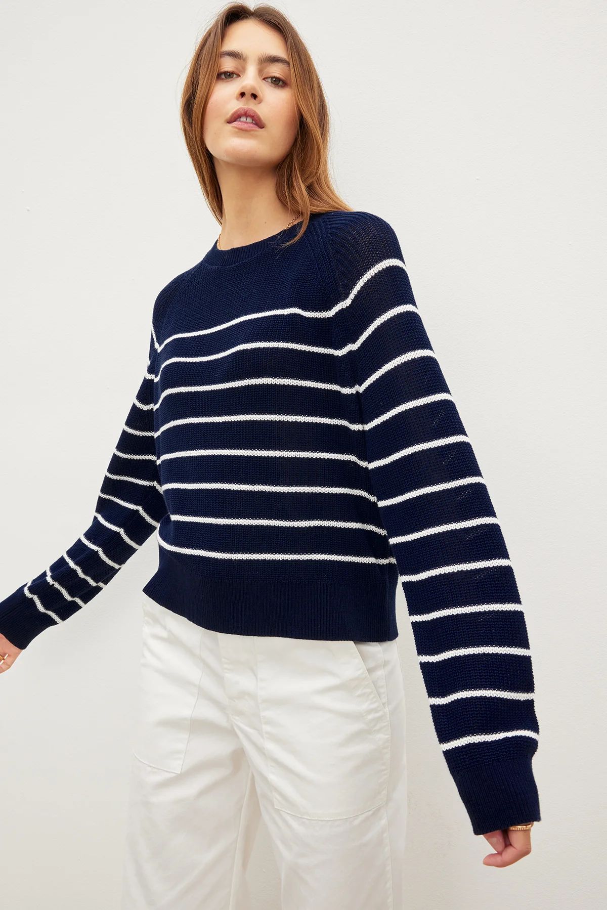 CHAYSE TEXTURED COTTON STRIPED CREW NECK SWEATER | Velvet by Graham & Spencer