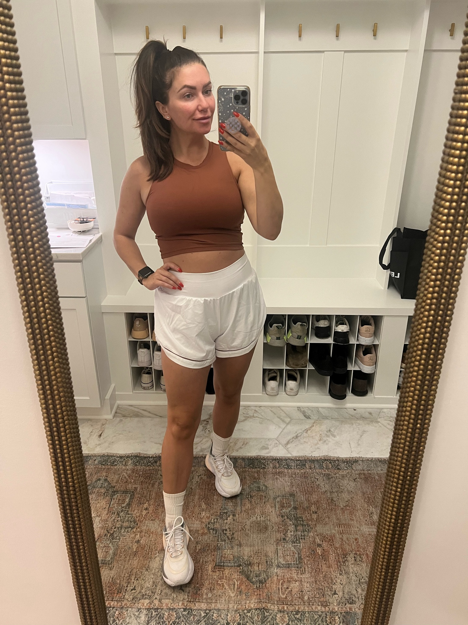 Exact shorts were sold out but I found a similar pair. Wearing a size m in both (usually a size 4 pant, 34D)

#LTKfit #LTKunder50