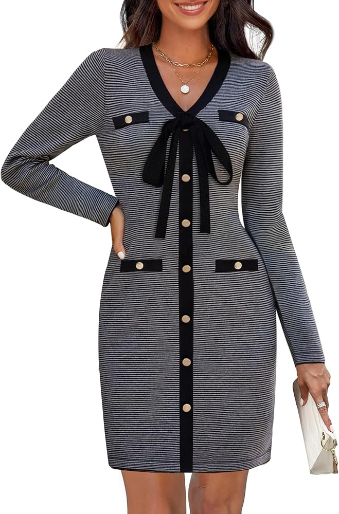 HAEOF Women's 2024 Long Sleeve Mini Sweater Dress Fall Winter Trendy V Neck Elegant Bodycon Forma... | Amazon (US)