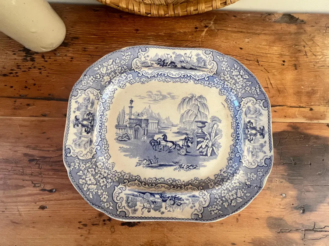 Antique J. M.P. Bell & Co. Triumphal Car Platter, Large Blue and White Transferware Plate Grandmi... | Etsy (US)