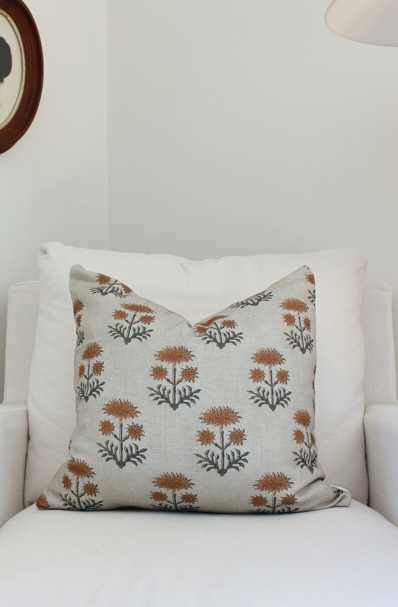 Beige Block Print Pillow Cover 18 X 18 Floral Cushion Cover Vintage-inspired Rustic Pillow Cover ... | Etsy (US)