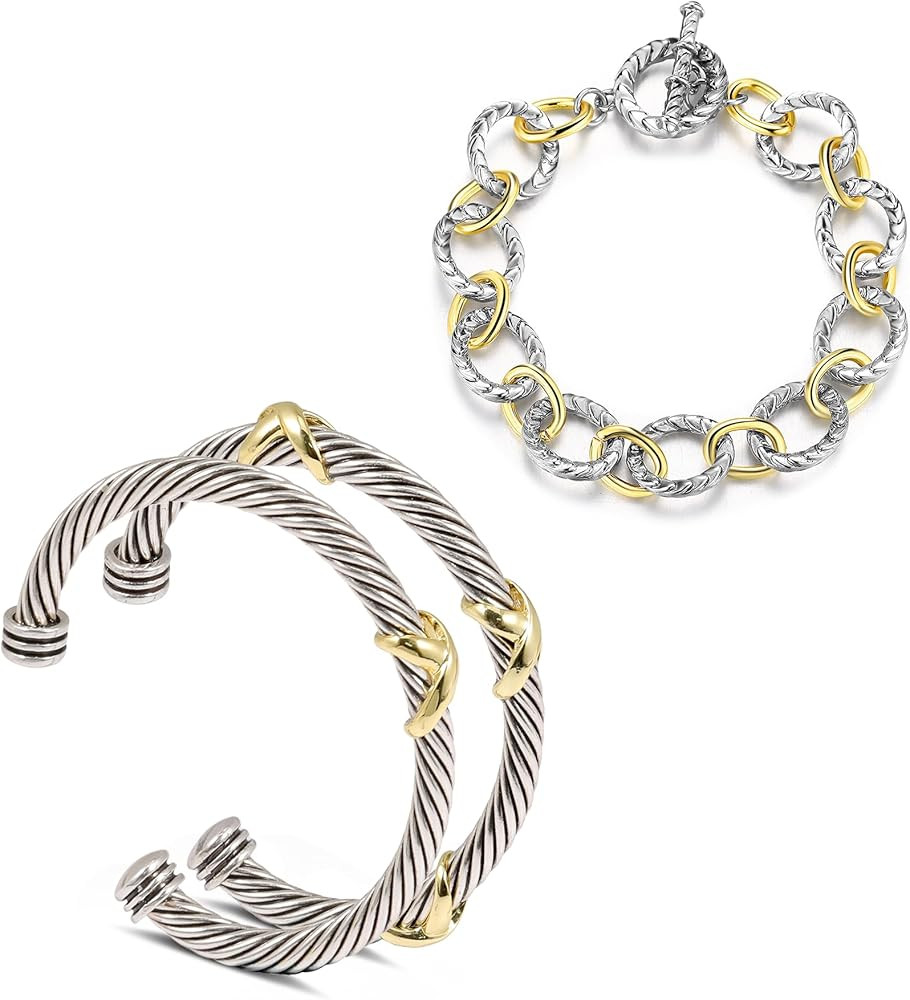 Cable Bracelets for Women - Two Tone Stackable Twisted Wire Cuff Bangle Set | Amazon (US)