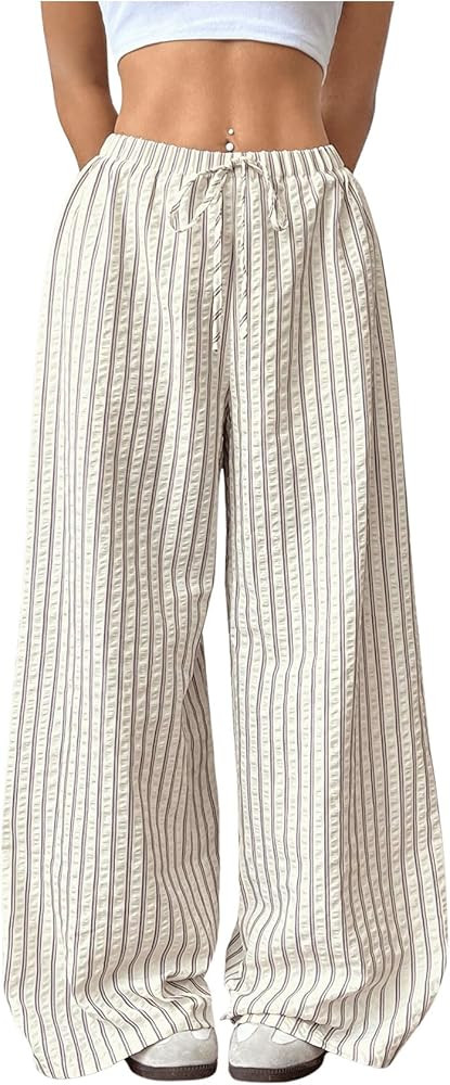 GORGLITTER Women's Striped Wide Leg Casual Pants Oversized Drawstring Waist Baggy Trousers | Amazon (US)