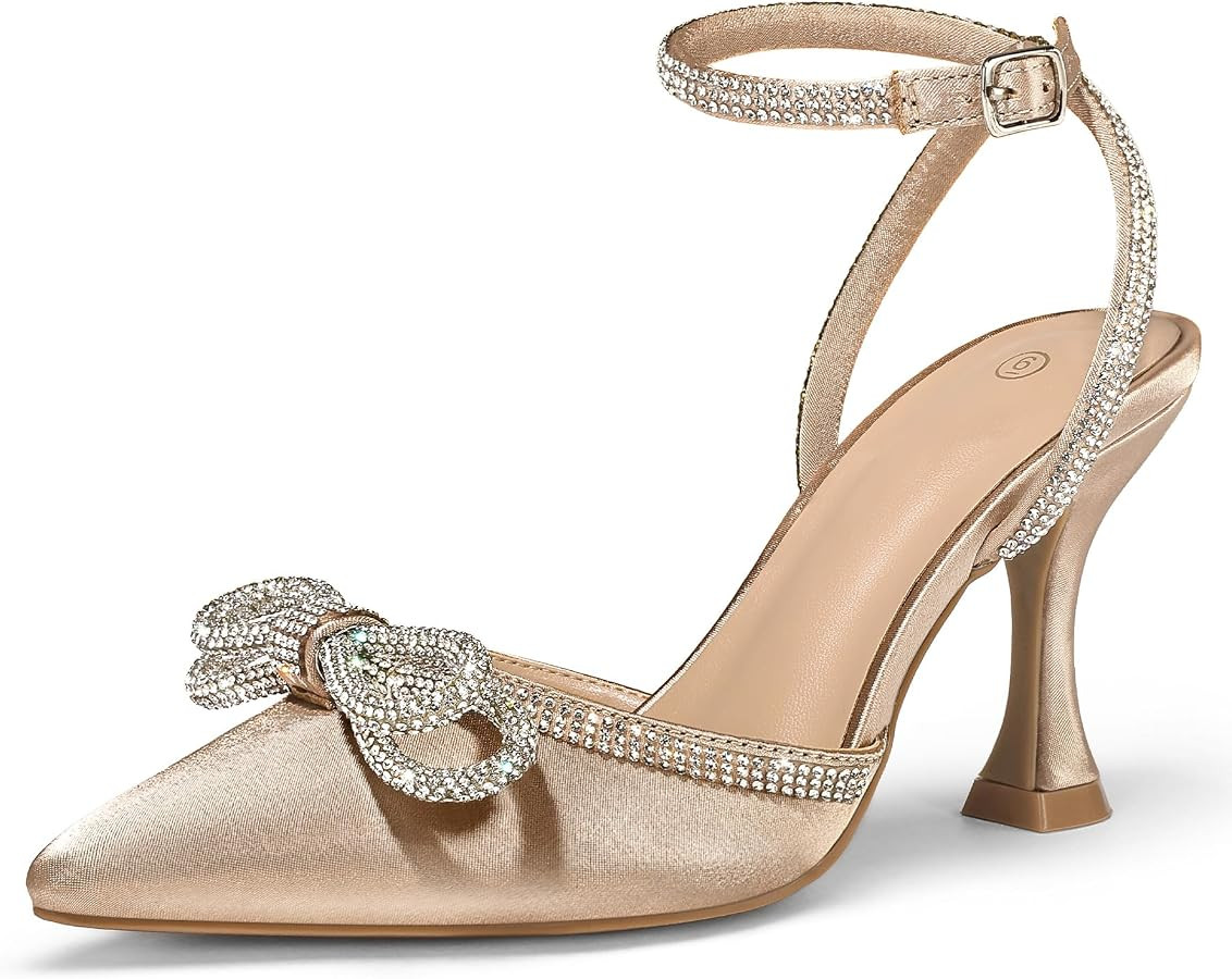 mysoft Women's Rhinestone Bow Kitten Heels Wedding Dress Shoes Pumps | Amazon (US)