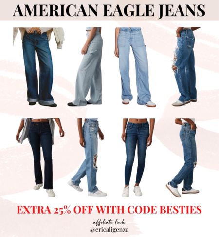 American Eagle jeans - extra 25% off with code BESTIES 💕

Wide leg jeans // baggy jeans // high waisted denim // distressed denim // bootcut jeans // skinny jeans // ripped jeans // flared denim 

#LTKfindsunder100 #LTKsalealert #LTKstyletip