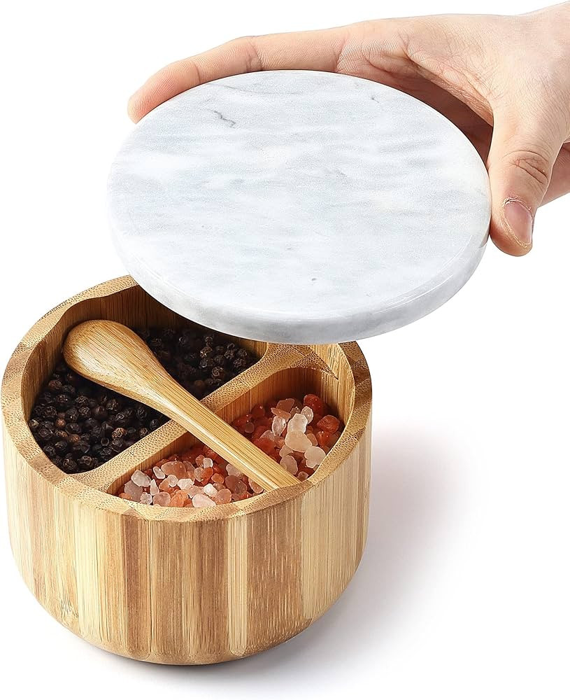 Bamboo Salt and Pepper Box with Marble Lid and Embedded Spoon, Well-sealed Dust Lid, Salt Cellar ... | Amazon (US)