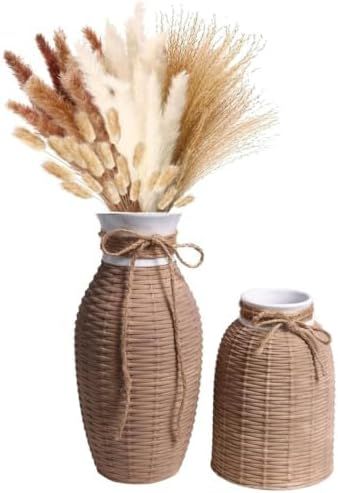 TERESA'S COLLECTIONS Fall Vase, Rustic Farmhouse Rattan Ceramic Vases for Pampas Grass, Boho Home... | Amazon (US)