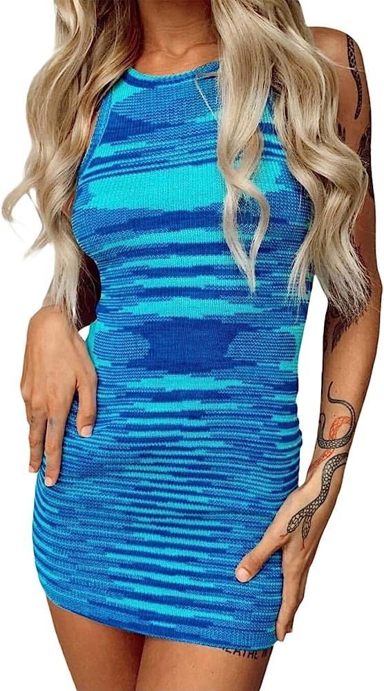 NUFIWI Women Sexy Tie Dye Mini Dress Rib Knitted Sleeveless Bodycon Short Dress Summer Y2K Street... | Amazon (US)