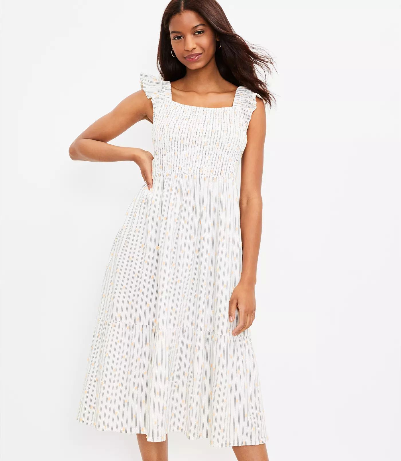 Clip Stripe Smocked Ruffle Midi Dress | LOFT | LOFT