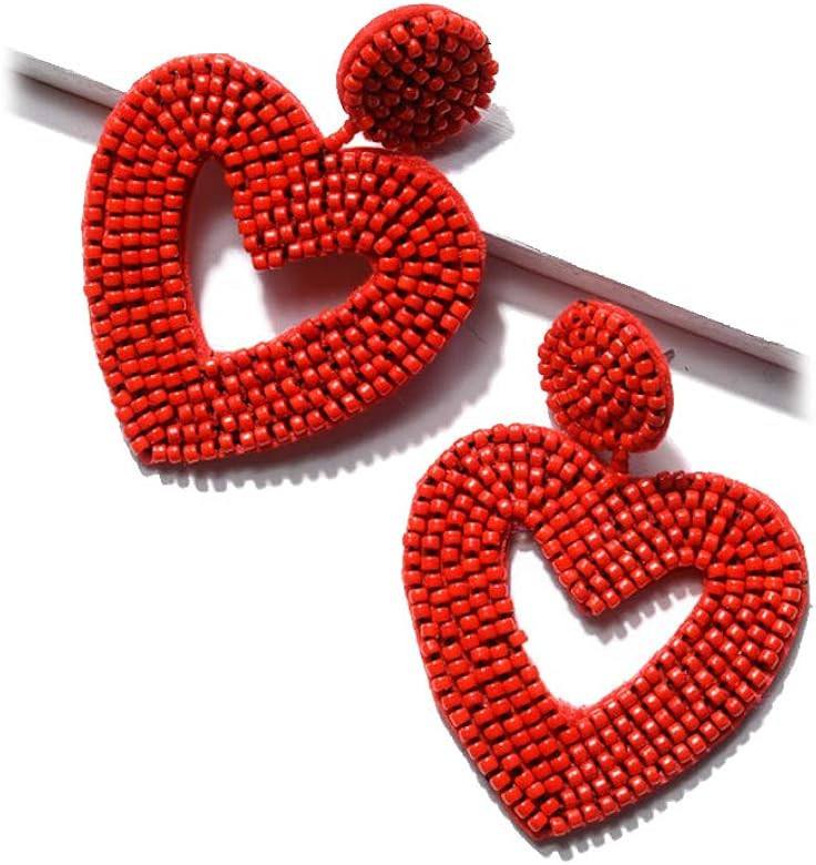 Statement Drop Earrings - Bohemian Beaded Big Heart Dangle Earrings Gift for Women | Amazon (US)