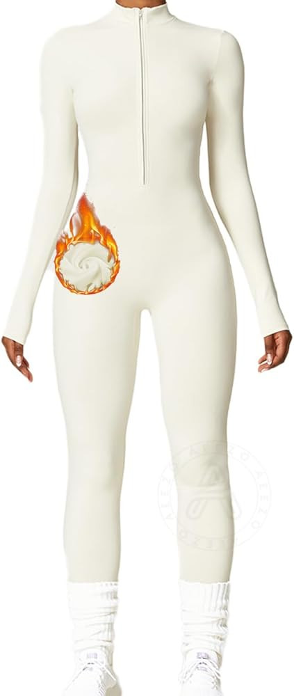 Womens Long Sleeve Workout Jumpsuit Zip Up Yoga Rompers Sexy Tummy Control One Piece Bodycon Bott... | Amazon (US)