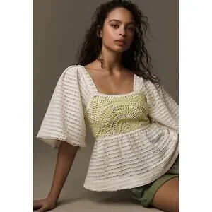 NWT $78 Anthropologie Sarah Hann Cream Flutter-Sleeve Crochet Top | Poshmark