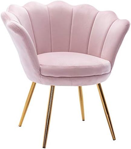 Velvet Upholstered Living Room Chair, Comfy Mid-Century Modern Light Pink Vanity Chair with Seashell | Amazon (US)