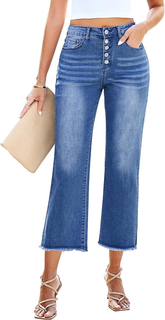 GRAPENT Capri Jeans for Women Trendy High Waisted Wide Leg Flare Button Fly Stretchy Denim Pants ... | Amazon (US)