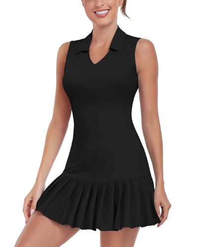 WOWENY Tennis Golf Dress for Women Pleated with Built in Shorts and Pockets Sleeveless V Neck Workout Athletic Dresses (Black,XL) | Amazon (US)
