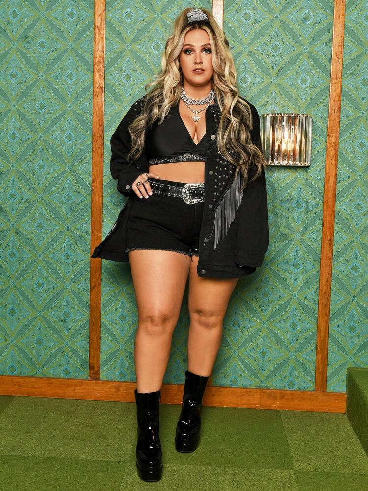 SHEIN X Priscilla Block Plus Studded Detail Fringe Trim Denim Jacket | SHEIN