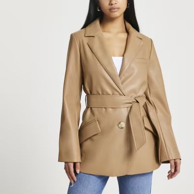 Petite brown faux leather belted blazer | River Island (UK & IE)