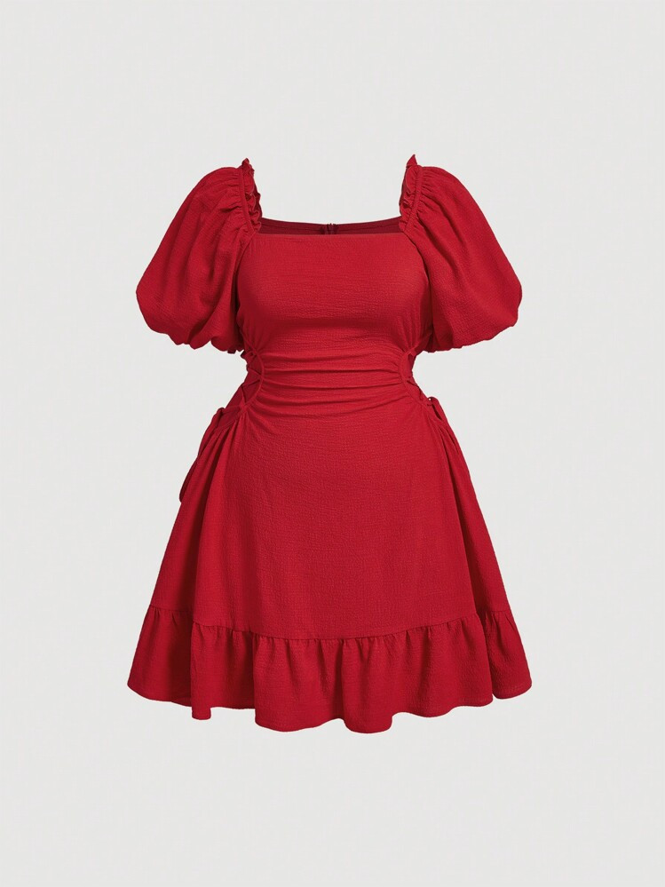 Summer Solid Color Square Neck Puff Sleeve Side Tie Mini Dress,Birthday Dresses For Women | SHEIN