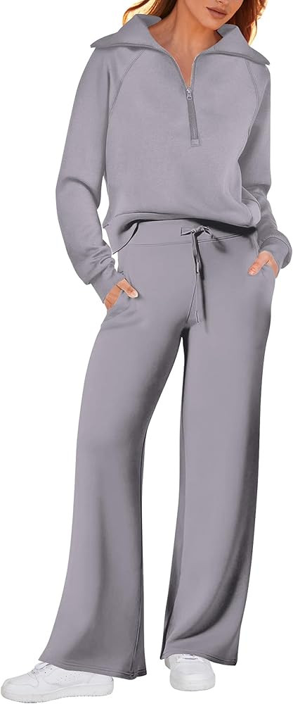 PRETTYGARDEN Women's 2 Piece Outfits Casual Lapel Half Zip Sweatshirts And Wide Leg Pants Tracksu... | Amazon (US)