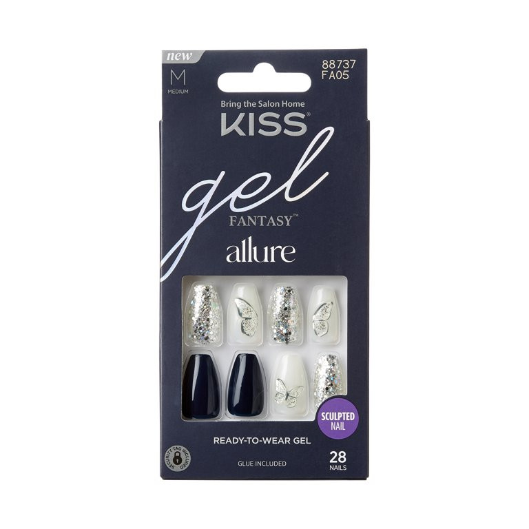 KISS Gel Fantasy Allure Ready-To-Wear Medium Coffin Fake Nails, Black & Silver, 28 Pieces - Walma... | Walmart (US)
