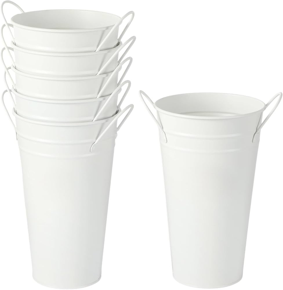 6 Pcs White Flower Buckets, Galvanized Metal Vases,9.8 Inches Flower Vase with Handles, French Flower Bucket，Rustic Farmhouse Vases for Home Decor Wedding Table Centerpiece | Amazon (US)