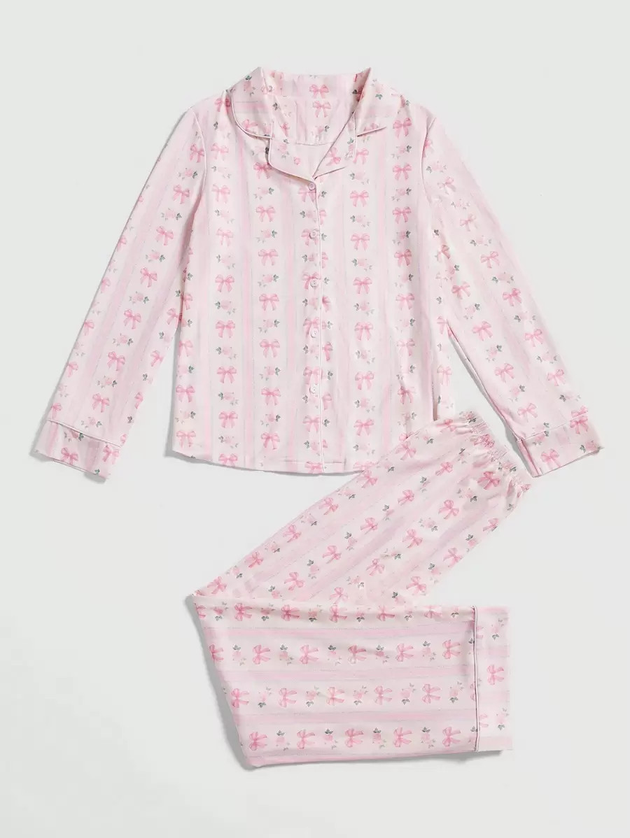 ROMWE Kawaii Allover Print Button Front PJ Set | SHEIN