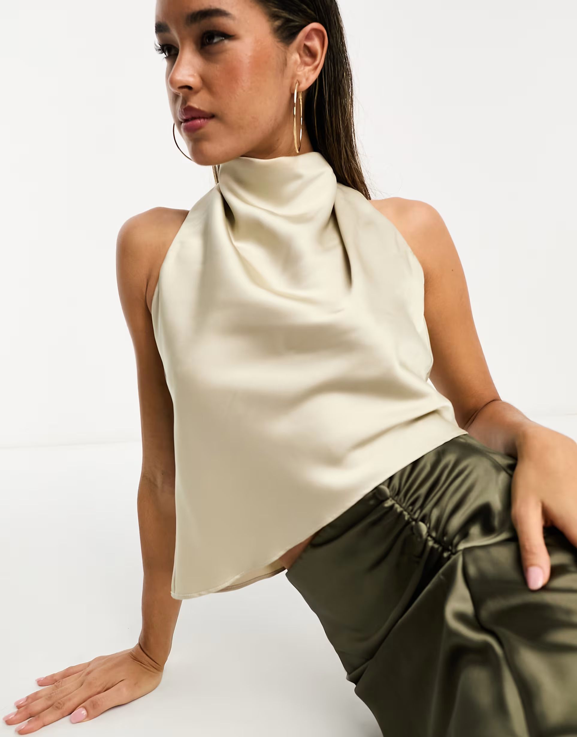 Pretty Lavish satin asymmetric high neck top in cream | ASOS (Global)