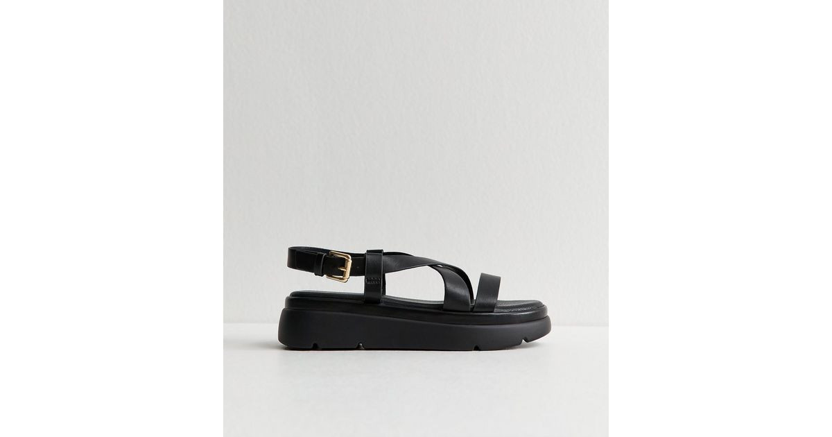 Black Faux Leather Crossover Strap Flatform Sandals | New Look | New Look (UK)
