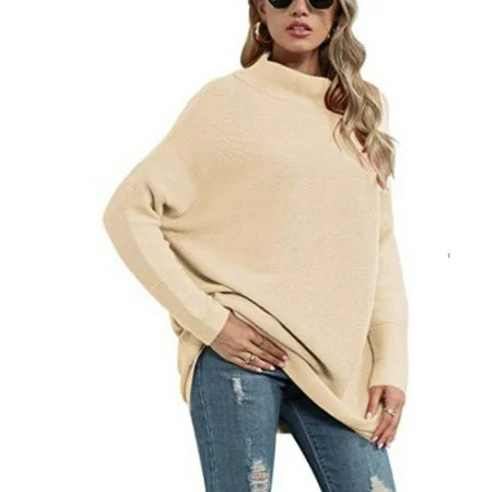 vbnergoie Women Casual Turtleneck Batwing Sleeve Slouchy Oversized Ribbed Knit Sweaters Beige Cable  | Walmart (US)