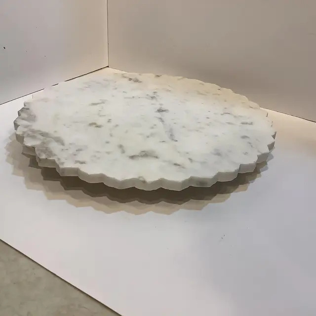 Vintage Italian Marble Slab Lazy Susan Buffet Server With Hand-Cut Scalloped Edge | Chairish