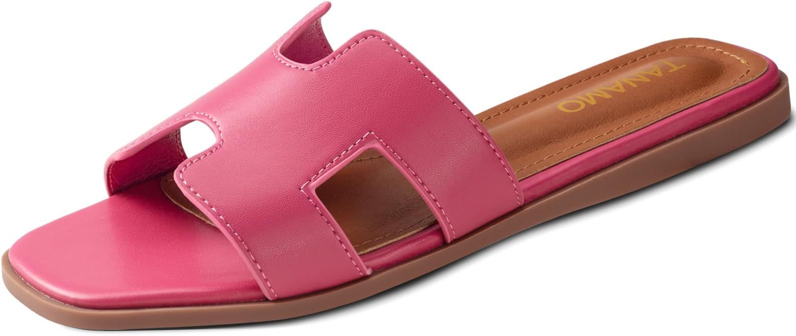 Womens Sandals Slip on Fashion Slides Sandals Women Dressy Summer Flat Sandals Square Open Toe Ca... | Amazon (US)