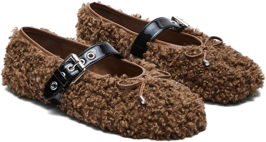 Fur Ballet Flats with Buckle for Women Comfy Faux Shearling Mary Jane Flats Adjustable Strap Ball... | Amazon (US)