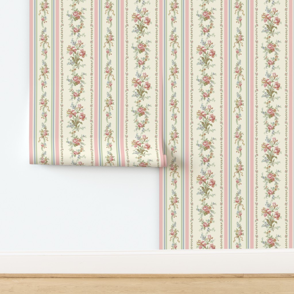 Wallpaper in Belvedere Floral Stripe Pastel on Cosmic Latte | Spoonflower