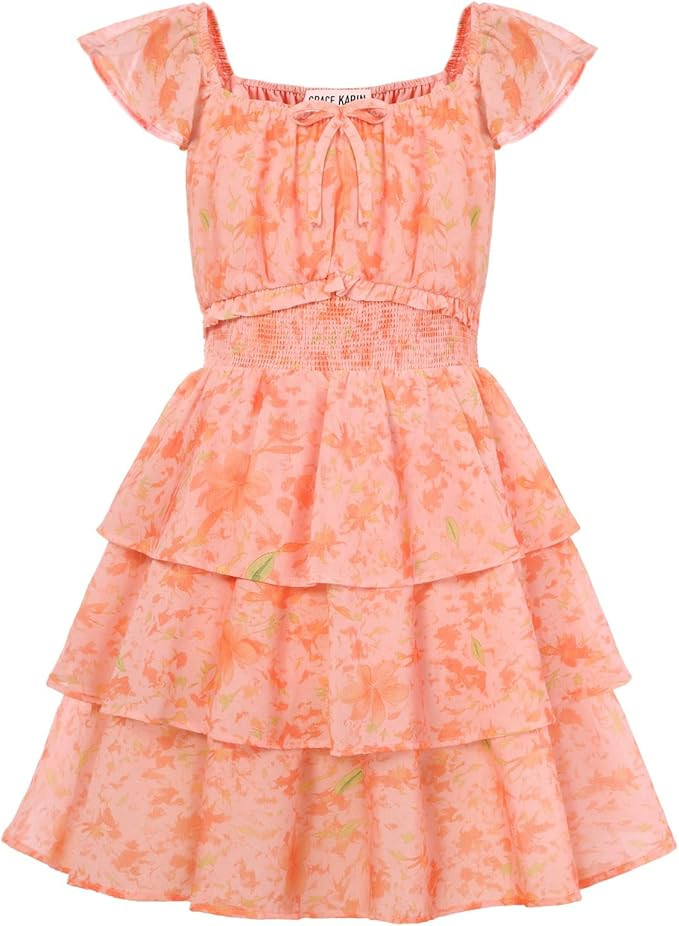 GRACE KARIN Girls Spring Summer Floral Dress Teen Ruffle Smocked 3 Layerr Dresses Kids Cute Boho ... | Amazon (US)