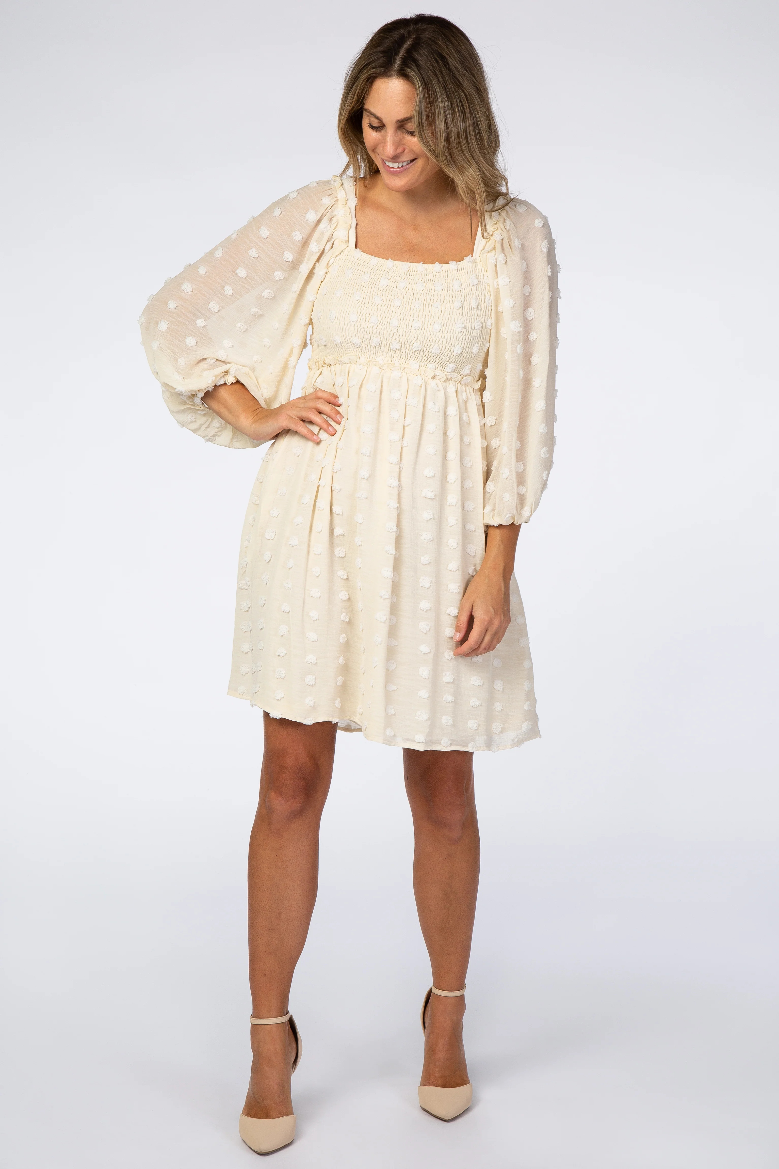 Beige Textured Dot Smocked Square Neck Chiffon Dress | PinkBlush Maternity