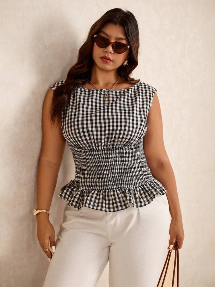 Elaquor Plus Size Summer Casual Plaid Sleeveless Cinched Waist Blouse, Peplum Top | SHEIN