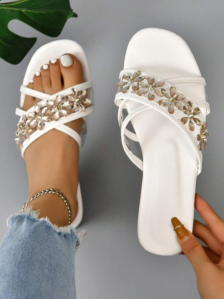New
     
      Women Rhinestone Decor Cross Strap Slide Sandals, Glamorous Summer Flat Sandals
 ... | SHEIN
