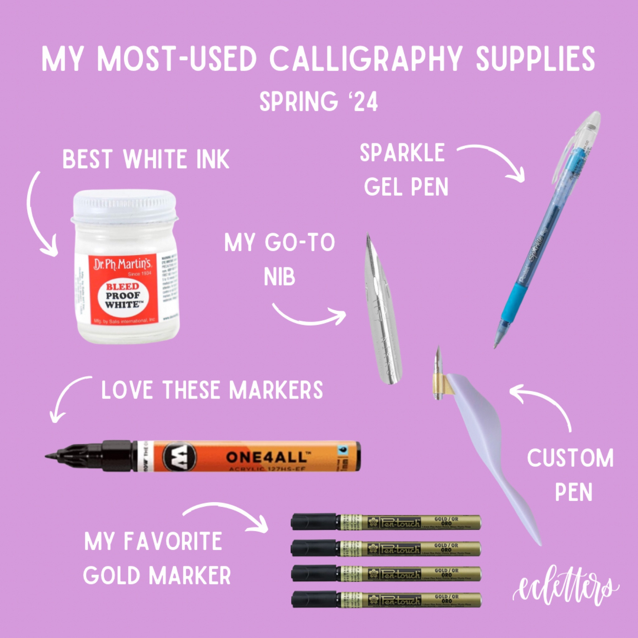 Supply Spotlight is back! I thought it would be fun to share my most-used calligraphy supplies this spring. 

My go-to nib is usually the Nikko G and I have been getting a ton of use out of it lately! Recently I used it on some sea glass place cards, as well as paper place cards!

My custom ergo pen from @mybelovedcalligraphy. This pen was made using my hand measurements and it is seriously so comfortable to use!

If you ever go to one of my classes, you’ll hear me talk about bleed proof white because it’s one of my favorite inks! I’ve been using this lately for almost all of my class place cards.

Pentouch markers are my favorite gold! Been using these on oyster shells and on graduation caps at the cappy hour I recently worked at.

You normally see me using the white Molotow marker but did you know they make every other color?? I’ve used black on some oyster shells recently and it is just as great as the white!

I got some sparkly gel pens and have been doing my to do list with them ever since they arrived. So much more motivating to cross it off with a fun pen!

#LTKFindsUnder50 #LTKGiftGuide