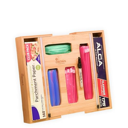 3" Slim 6-in-1 Expandable Storage Bag Organizer Kitchen Drawer - Bamboo Baggie Organizer for Drawer, Aluminum Foil & Saran Wrap Cutter, Plastic, Gallon, Quart & Sandwich Bags (11.5"-17.63" Wide) | Amazon (US)