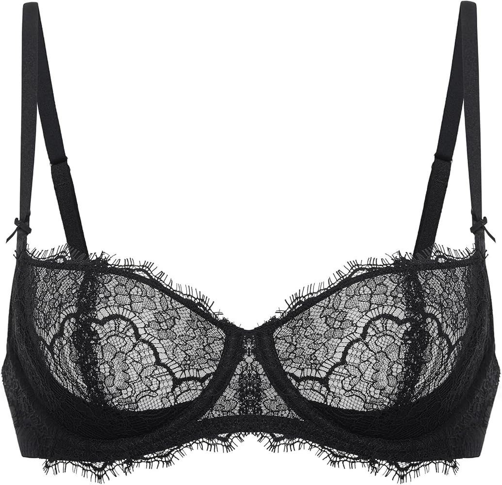 DOBREVA Women's Balconette Sexy Unlined Bra Lace Push Up Plus Size Bras See Through Underwire | Amazon (US)
